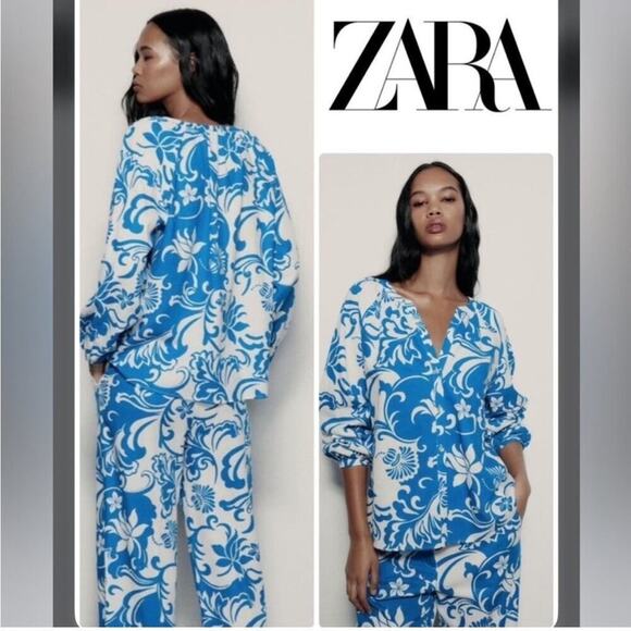 Zara Blue and White PRINTED LINEN BLEND SHIRT - Picture 1 of 9
